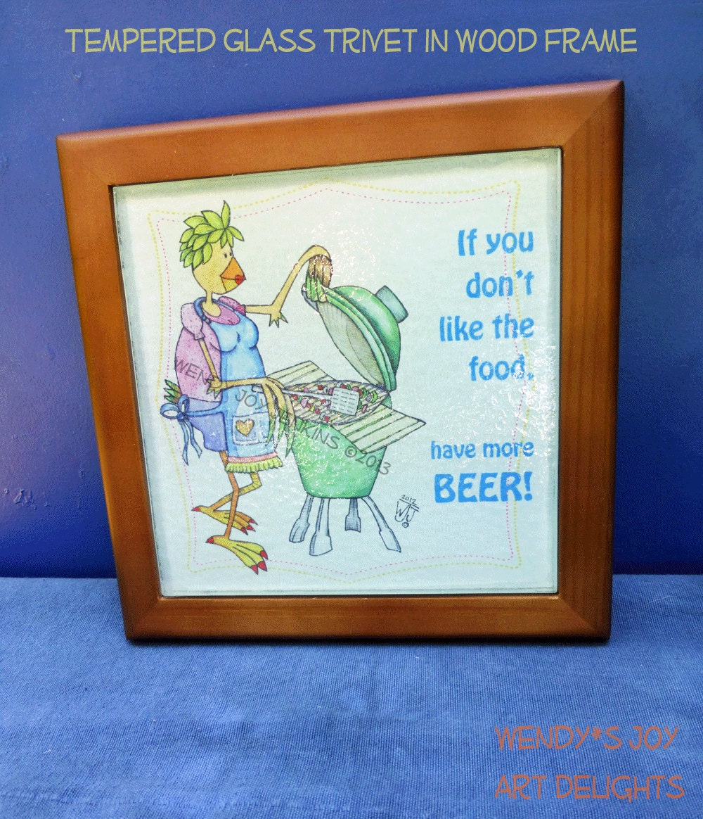 Trivet Glass Wood Beer BBQ Grill Woman Fun Kitchen Decor 7.5" square Hot Plate Wall Decor