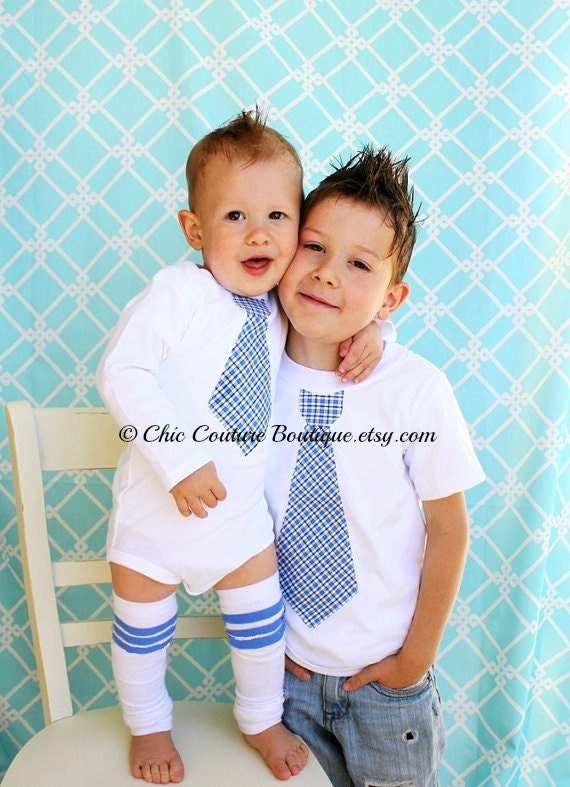 Stripes, Plaid, or Polka Dots. 2 NEW Big Brother Little Brother Tie Shirts. Short Sleeve Tie T-Shirt & Tie Onesie. Birthday, Summer Wedding
