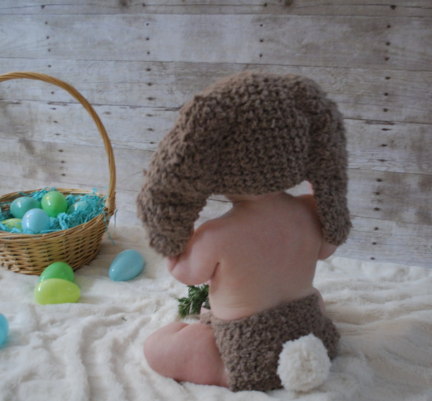 SALE 0 to 3m Newborn Bunny Hat Diaper Cover Set - Brown Cream Crochet Baby Bunny Beanie Pom Pom Diaper Cover Baby Hat Bunny Ear Photo Prop