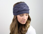grey knit headband, metal button closure, adjustable headband, knitted headband, ear warmer, head muff, braided cable, earmuff, grey