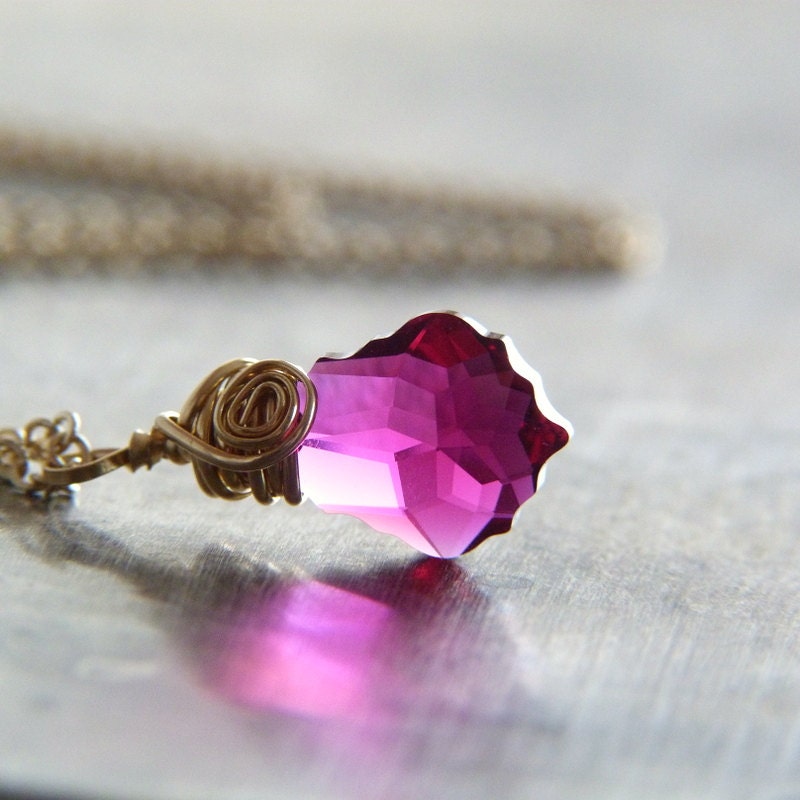 Gold Filled Wire Wrapped Ruby Red Swarovski Baroque Crystal Pendant Necklace