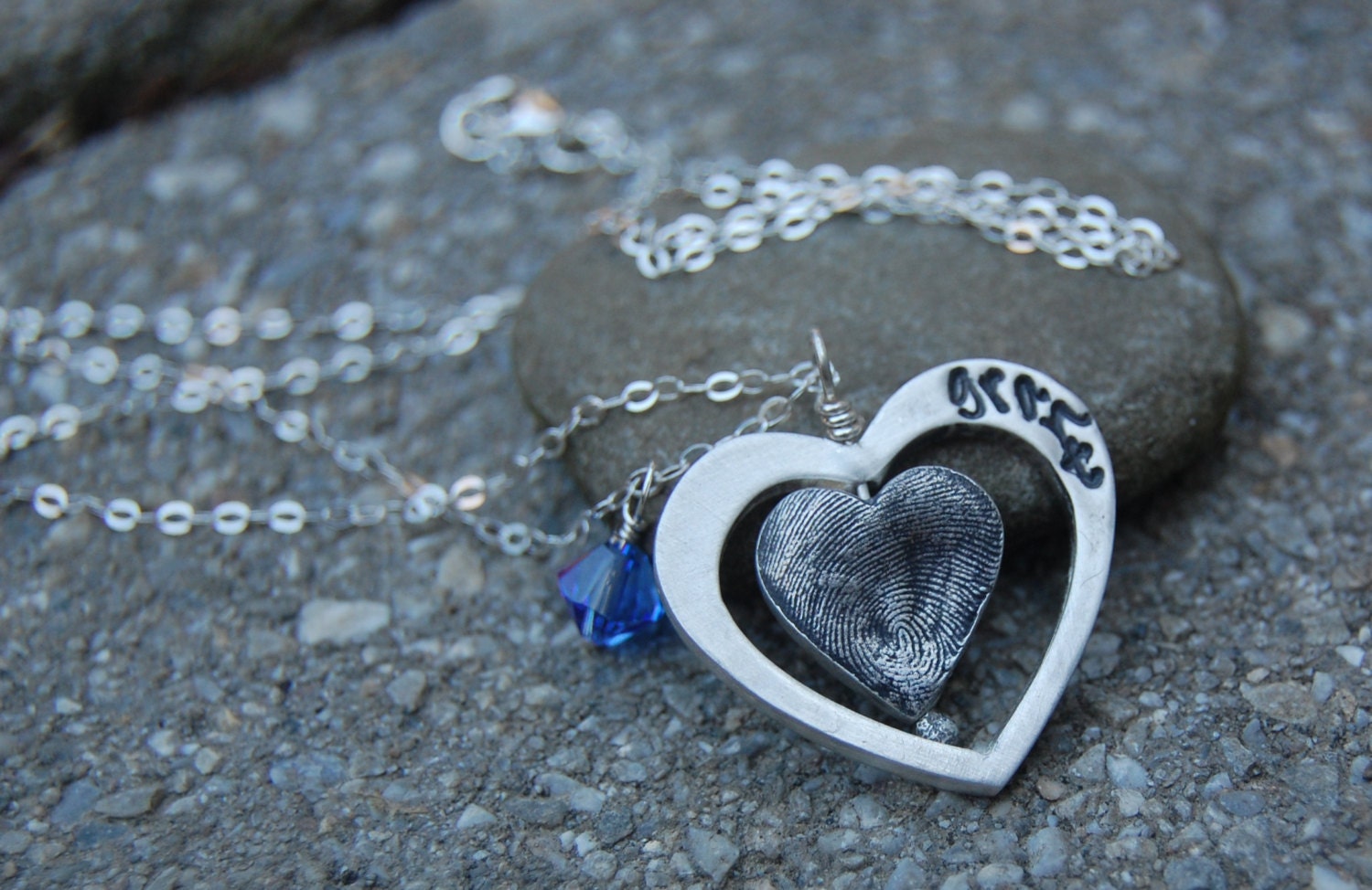 Custom Silver Floating Fingerprint Heart - Double Heart Design