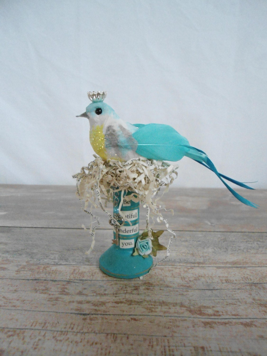 Assemblage Art Friendship Gift Perched Bird Beauty Turquoise Aqua Nest Key
