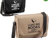 I Like Big Books And I Cannot Lie Messenger Bag - Eco Friendly in Taupe / Black, Funny Meme Parody Geek Design