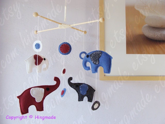 Modern Mobile - Nursery Mobile - Baby Crib Mobile - Elephant Mobile - Polka Dot Red Blue White Gray Elephants theme (U can pick your colors)