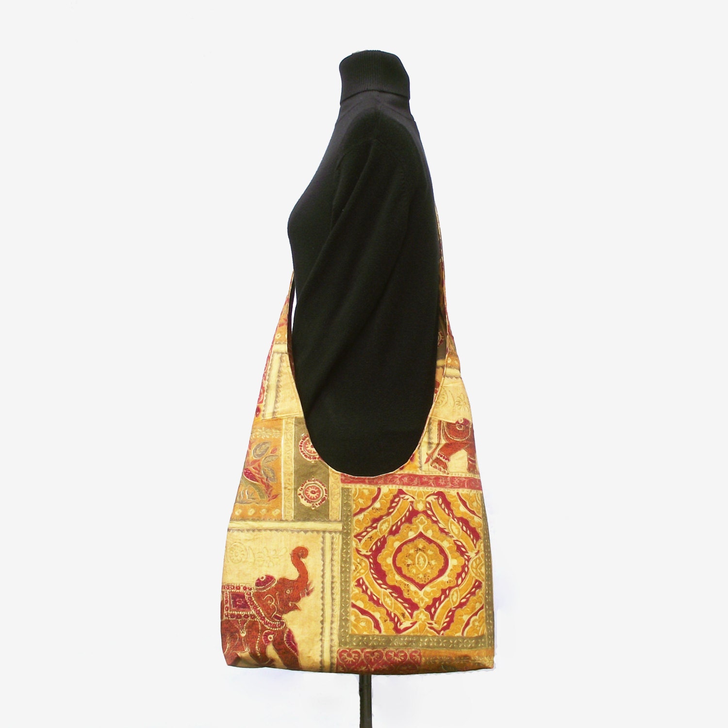 Boho cross body handbag. Indian patchwork effect print. Yellow orange red green