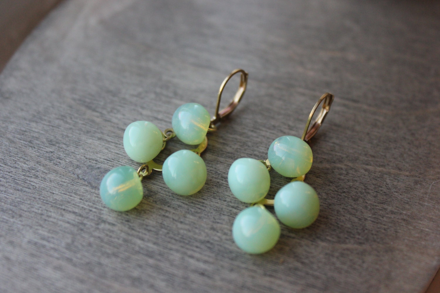 Green Apples earrings - gold raw brass - lever backs - czech glass - long dangles