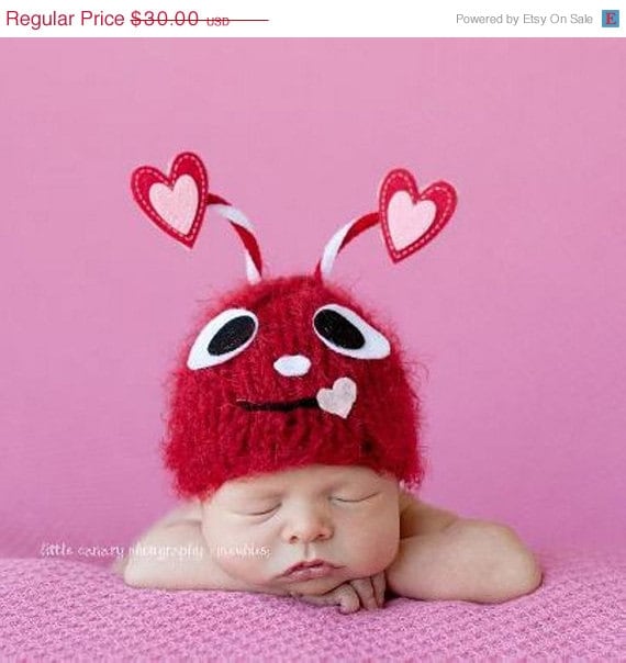 Valentines sale 20% off Baby Valentines cuddle bug hat  Sizes Preemie to 12 months great photography prop
