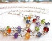 Gemstone Necklace, Mini Bib Gemstone Jewelry Multi Stone Necklace Semi Precious Confetti, Sterling Silver