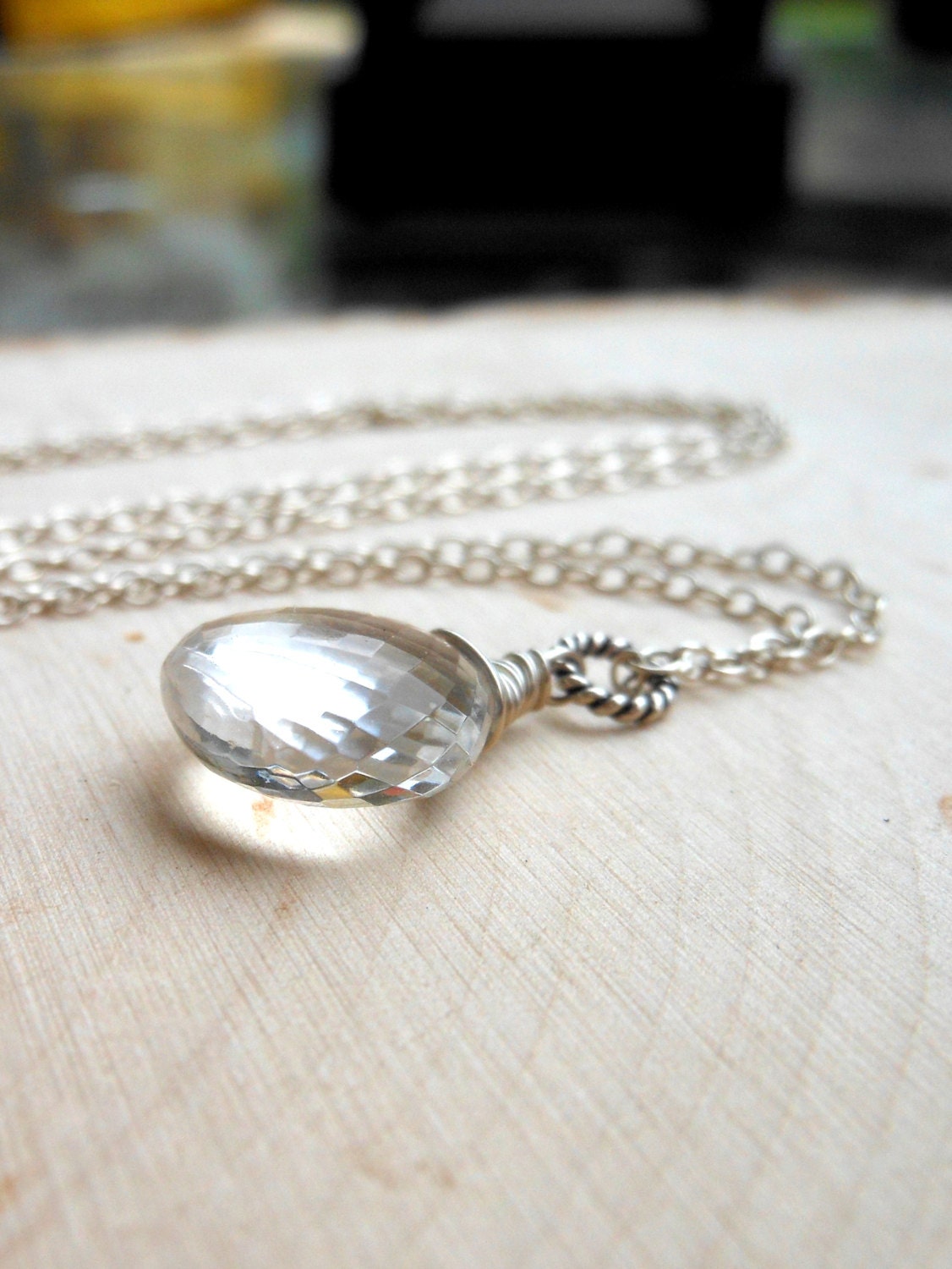 Crystal Quartz Necklace Sterling Silver large faceted clear Gemstone, April Birthday, Pendant Necklace