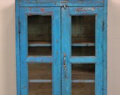 RESERVED for Quavin Vintage Distressed Bright Blue Painted Indian Glass Storage Cabinet Curio