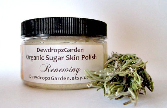 Organic Vegan Sugar Skin Polish Scrub- Soap Free- Shea Butter- Renewing- Rosemary and Lavender4oz