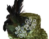 Victorian Style Mini Top Hat in Green Satin Roses with Feathers by Dr Brassy Steampunk