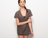 Cream brown sheer women top short sleeve blouse  deep v neckline shirt, cotton tshirt summer fashion