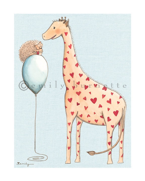 8x10 Print - I Carry Your Heart Giraffe and Hedgehog watercolor - Boy Girl Nursery Wall Art Print - Emily Burnette - Recipe 4 Cute