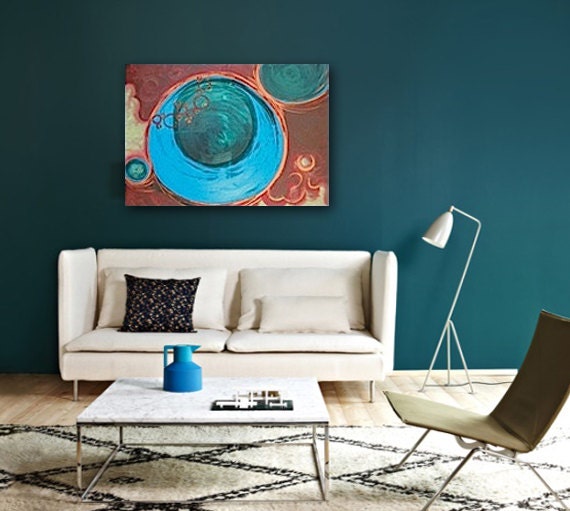 SALE - Large Abstract Acrylic Original Painting 40"x30"x1" by Linnea Heide - modern geometric - red copper turquoise