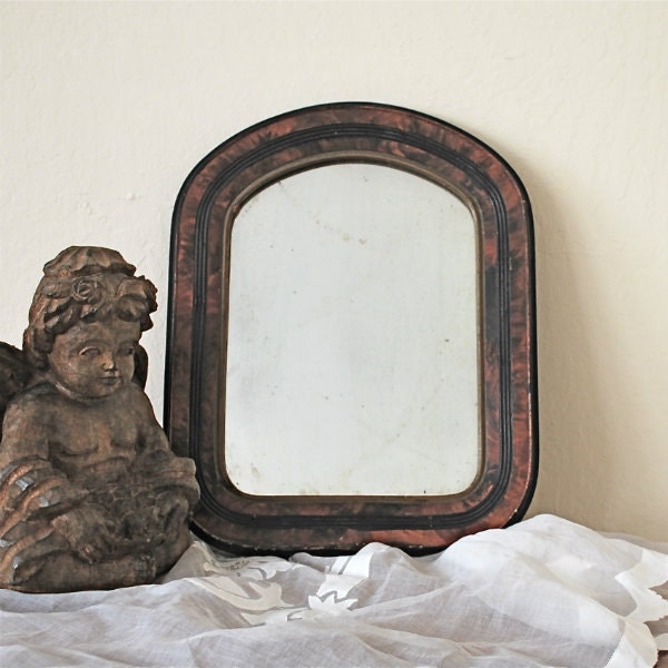 Vintage Wall Mirror Shabby Faux Wood Frame Rounded Corners Farmhouse Cottage Decor