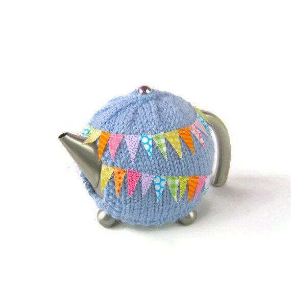 Bunting teapot cosy pastel blue seaside Spring tea cozie with colourful mini bunting