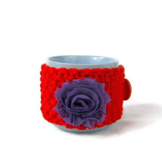 Knitted cup cosy floral poppy red mug hug coffee mug cosy chunky cosie with fabric flower