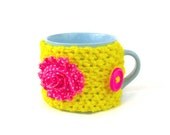 Knitted cup cozy Spring mug cosy flower mug hug cup funky cosie in bright yellow with pink dotty rose