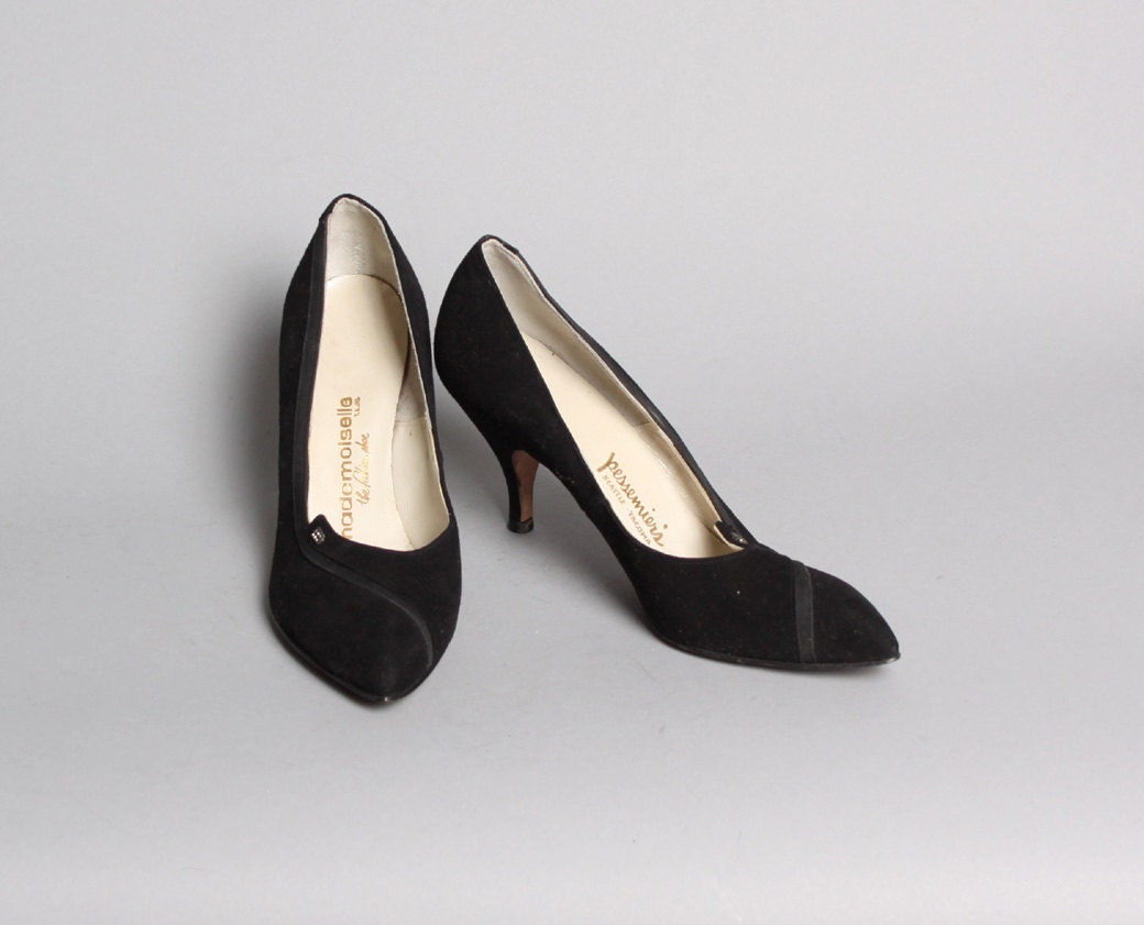 50s Black SUEDE HEELS / Rhinestone Trim Unworn Shoes, 6