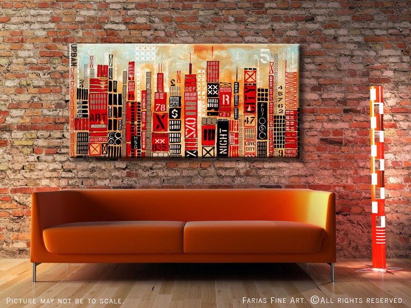 Modern City Painting URBAN Abstract ORIGINAL 48x24 Canvas Acrylic Black Grey Red Aqua Fine Art by Federico Farias