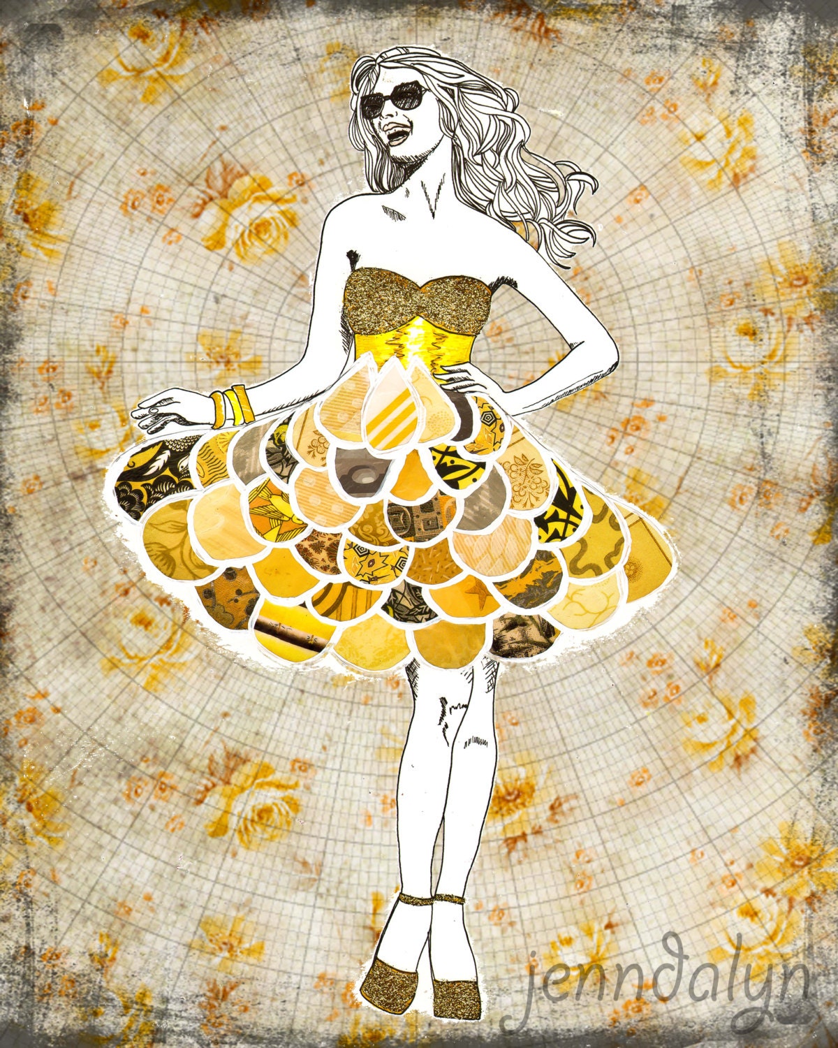 summer fashion yellow gray dress fashion illustration huge 16 x 20 paper PRINT sunny floral wall art
