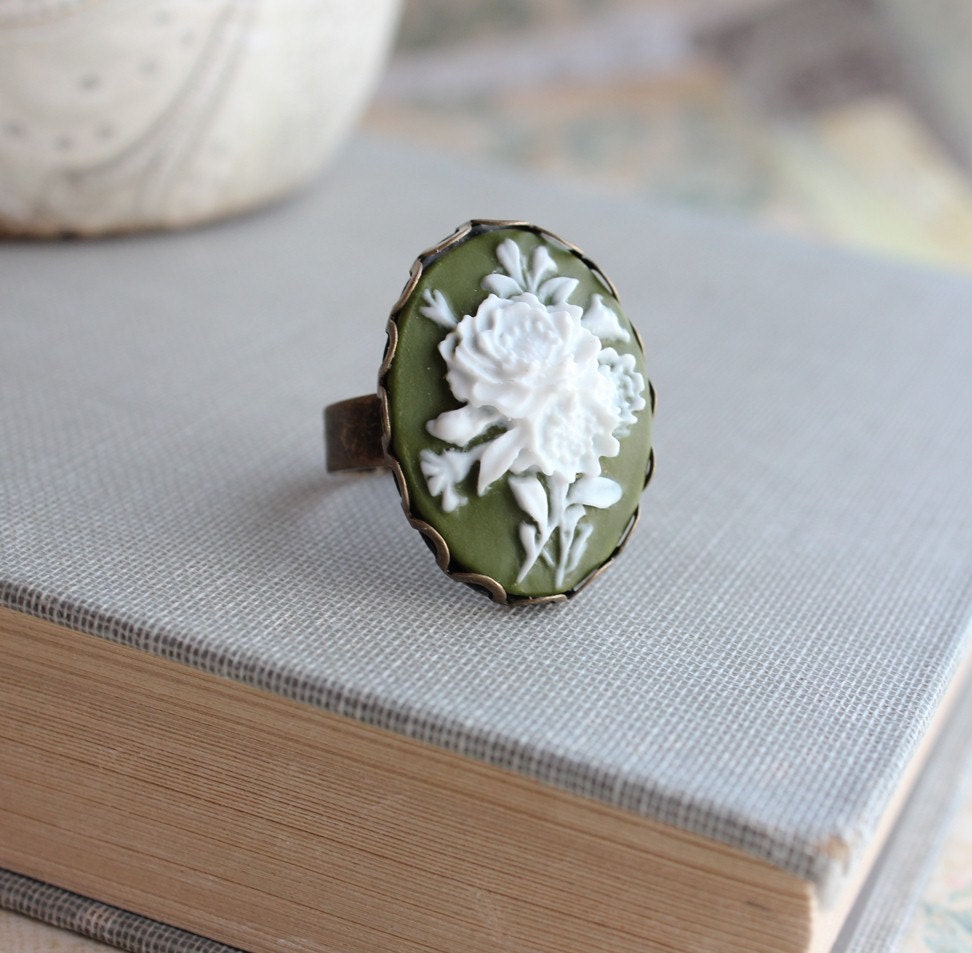 Cameo Ring, Vintage Style Adjustable Ring, Ivory Rose Cameo, Olive Green Cameo, Large Cocktail Ring, Resin Jewelry