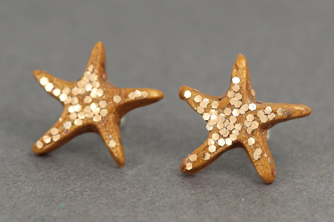 Starfish Studs : Copper Glitter Beach Studs, Copper Polymer Clay, Resin, Wedding, Artisan Tree, ArtisanTree, Bridesmaid, Simple, Nautical