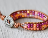 Wrap Bracelet : Purple, Orange, Pink Beaded Bohemian Friendship Cuff, Aztec Antique Bronze Button Closure, Adjustable