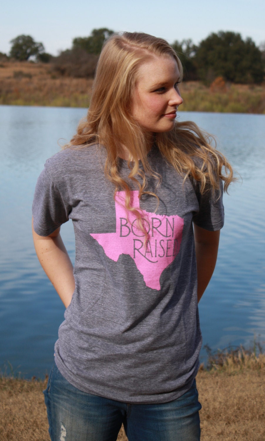LARGE Pink Born & Raised Texas T-Shirt, Native Texan, Bubblegum Pink on Grey American Apparel Women's Tee Shirt