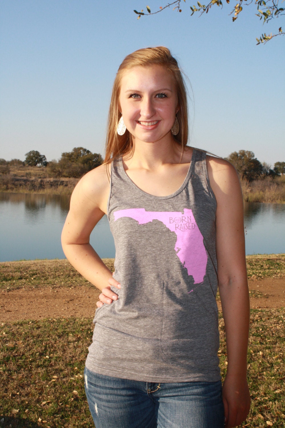 FLORIDA LARGE Born & Raised State Tank, Native Home Pride shirt, Pink on Grey American Apparel Women's Proud Tee, Unisex Adult