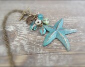 Sea Life Extra Long Necklace on Antique Brass Chain with Starfish and SandDollar Charm