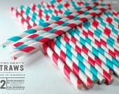 Red and Teal Paper Stripey Straws  12pk & Digital Flags - Party - Birthday - Baby Shower - Wedding