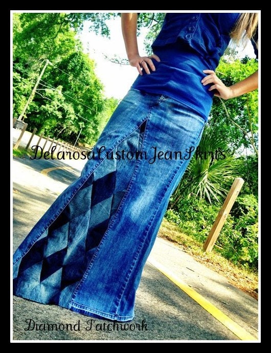 Long Jean Skirt Custom Your Size Diamond Patchwork size 0 2 4 6 8 10 12 14 16 18