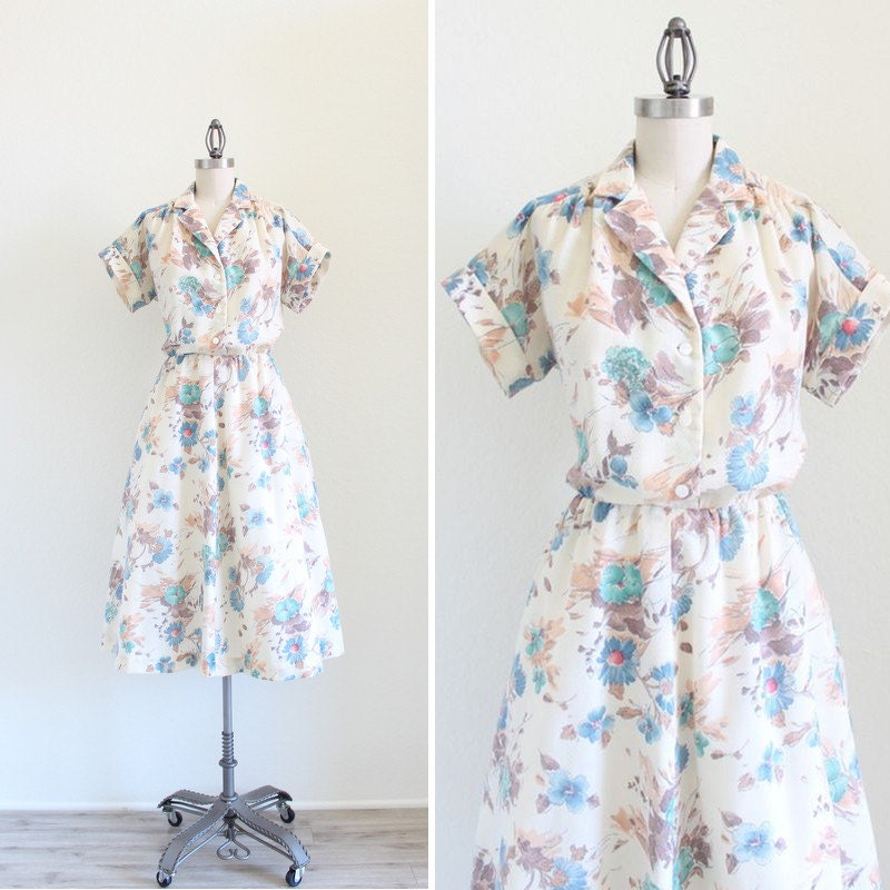 1950s Shirtwaist Dress . 50s Dress . Vintage Floral Dress . Shirtdress Shirt Dress . size Large XL