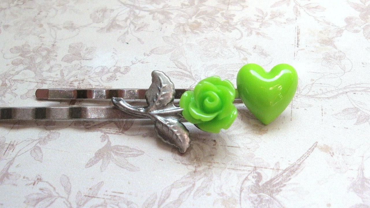 Lime, The Forest is Awake, Lime Bobby Pins, Hair Accessories, Hair Flowers, Hair Clips, Rose Flower Pin - Set of Two (2)