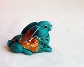 Delicate hibiscus rabbit (peach). Polymer clay hand painted miniature by Madre Olius