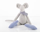 Winter gray mouse doll with a gray blue scarf and blue retro socks patterned with circles Stuffed animal toy- timo handmade fabric eco doll
