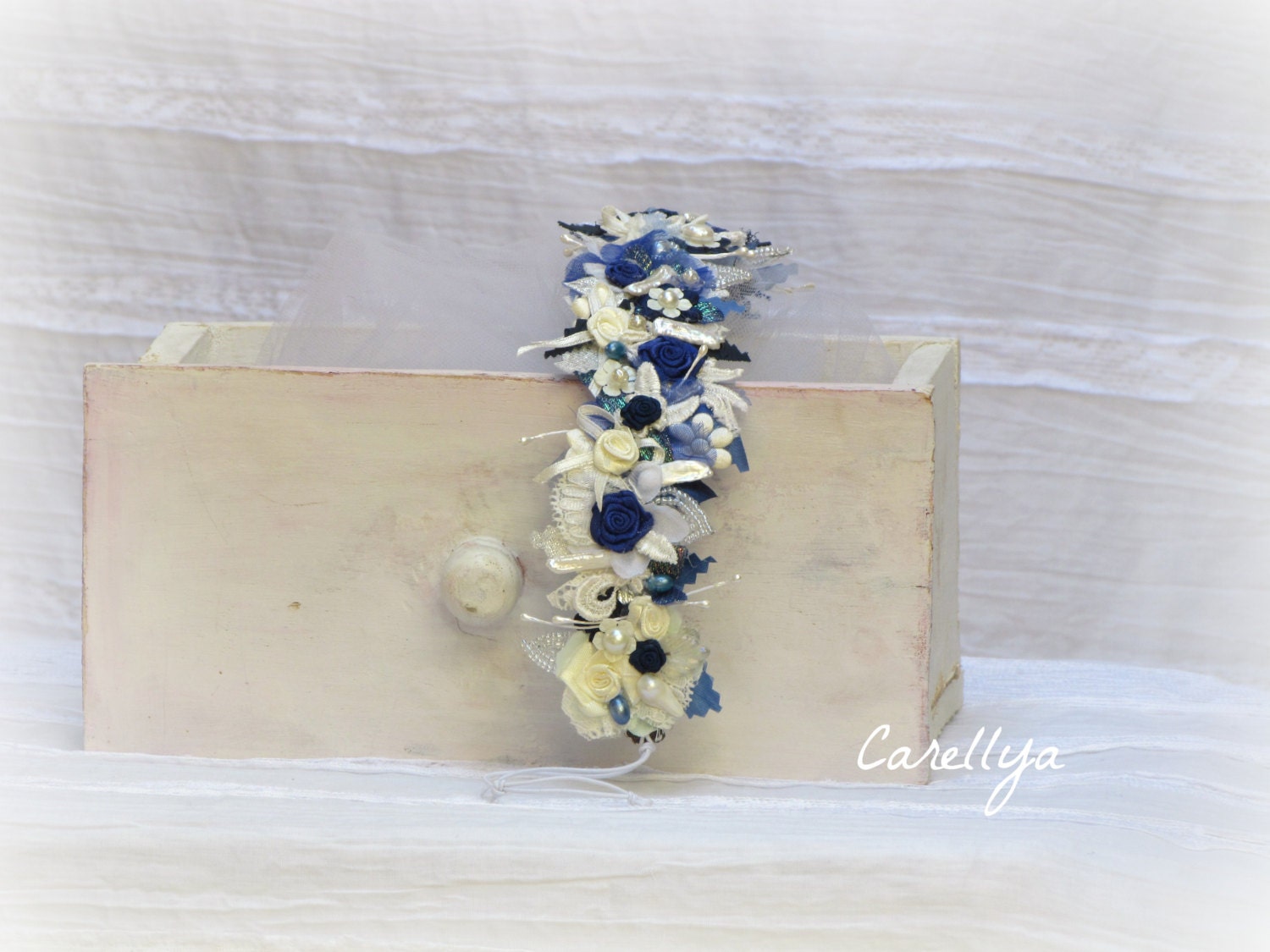 Wedding Flower Crown -  Ivory Sapphire Blue and Royal blue Headpiece - Flower Head Wreath  -  Jessica