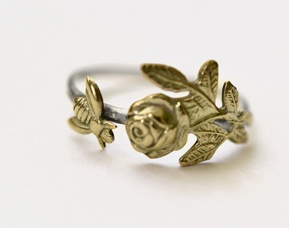 Rose and Bee Ring, Handforged Sterling Silver Ring, Hammered Silver, Flower Jewelry, Floral, Insect Ring, Animal