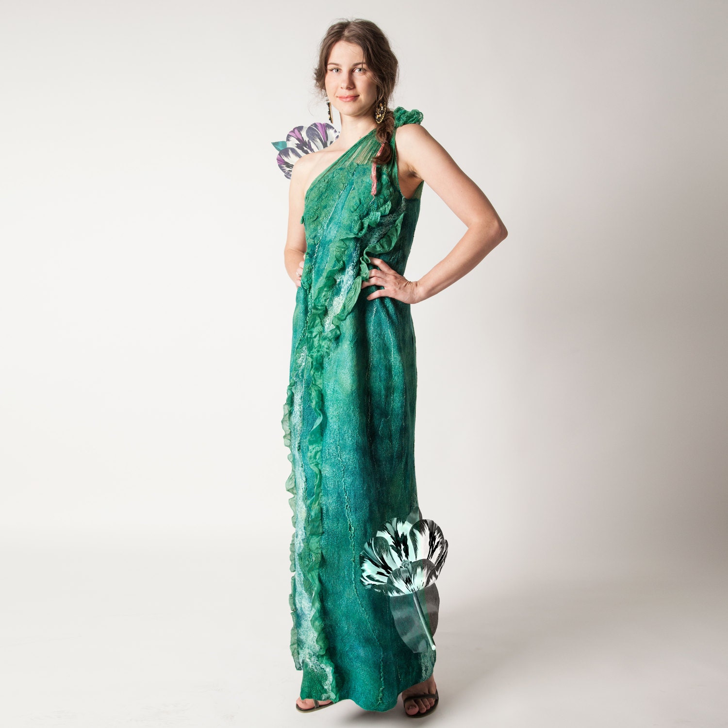 Emerald green felted dress, nunofelting, long dress, fashion dress, wedding idea, size S-M, OOAK