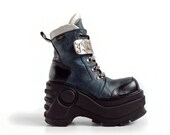 90's Destroy Platform Leather Buckle Chunky Leather Blue and Black Ankle Boots // 8