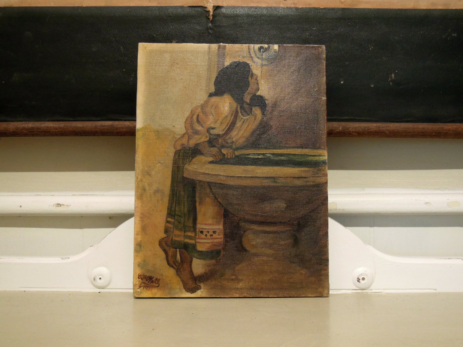 Vintage Oil Painting of a Spanish Woman at a Fountain / Fuente