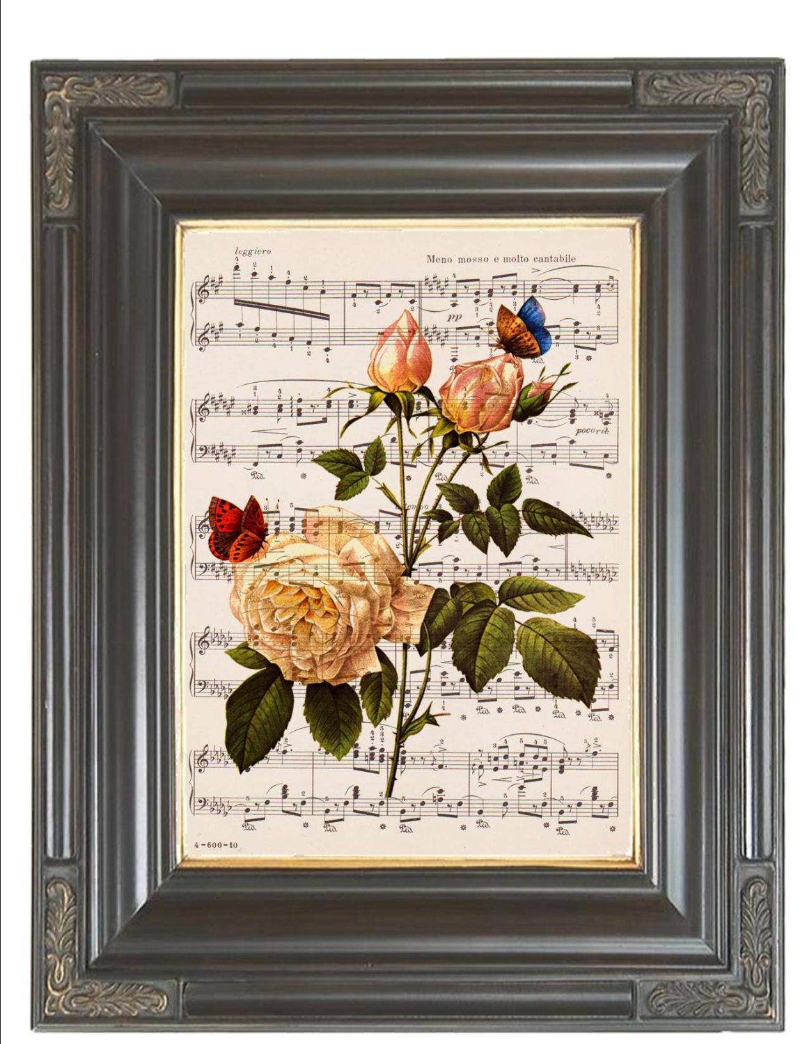 BOGO SALE Yellow roses Butterflies printed as dictionary art print on old antique dictionary music page.  Item No. 523