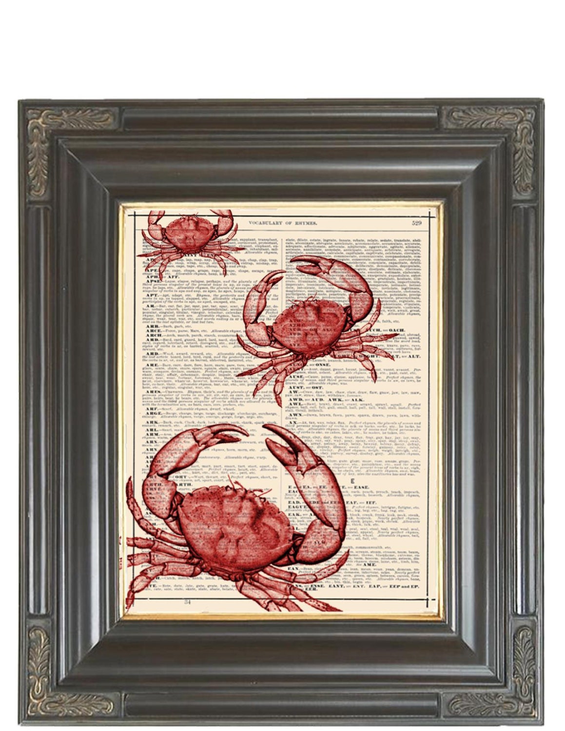 BOGO SALE Red crab trio printed as dictionary art page print on old antique salvaged dictionary book page.Item No. 576