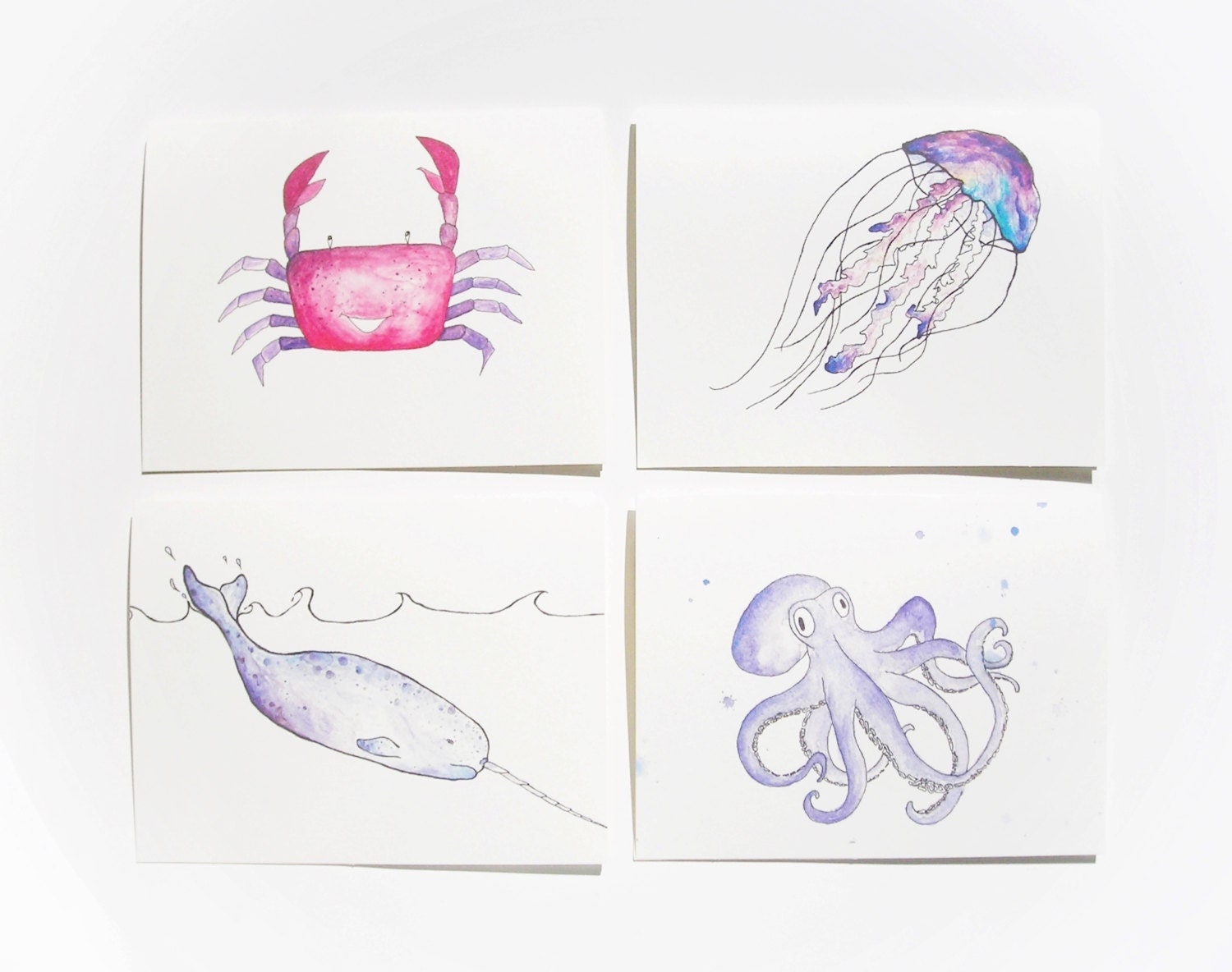 Sea Creatures Watercolor & Ink Illustration Blank Greeting Card Set