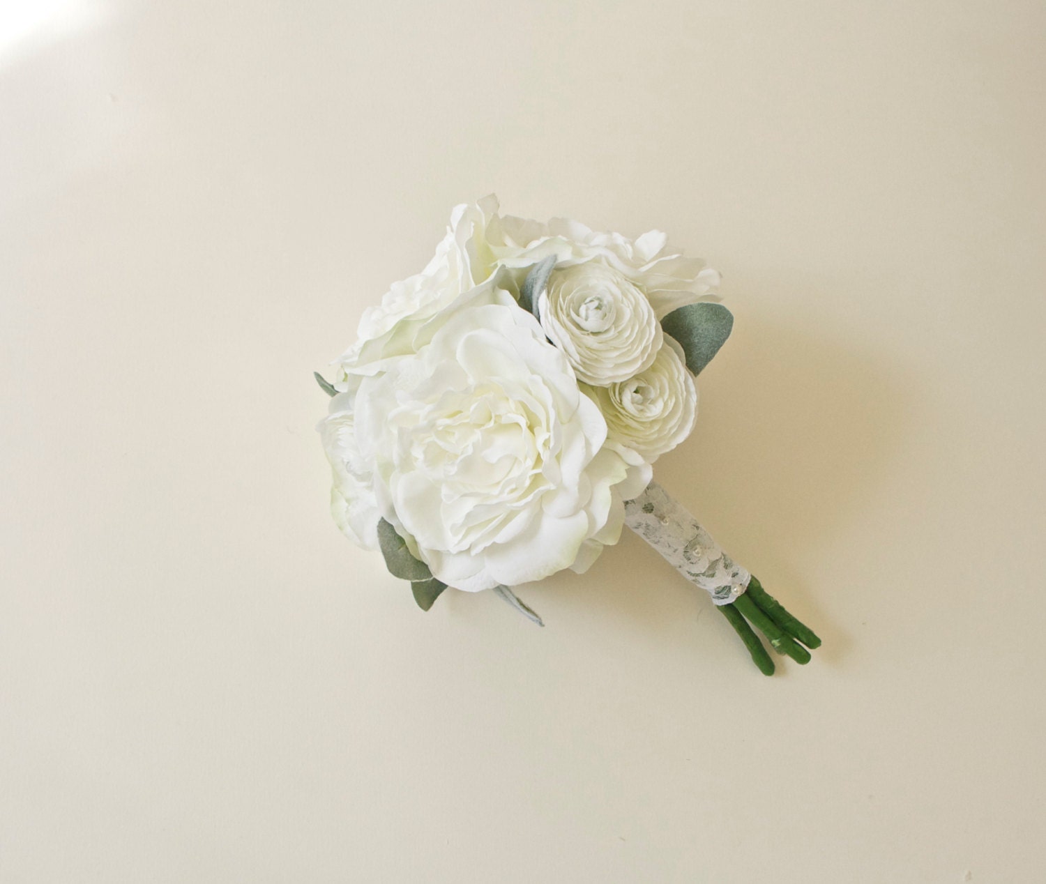 White Peony White Ranunculus Silk Wedding Bouquet with Silvery Green Leaves (Small Bouquet, Bridesmaid Bouquet)