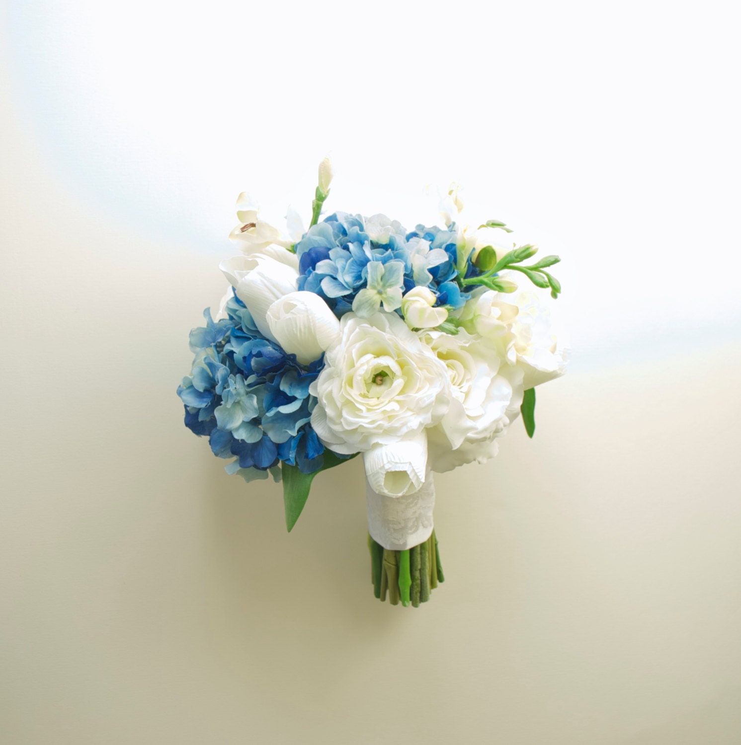 Real Touch Blue Hydrangea Bouquet with White Tulips, White Ranunculus, White Freesia