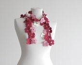 Lariat Scarf, women fall Accessories, Floral in red pink cream, Lariat neck warmer